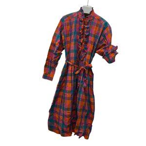 Vintage SPRING Cotton ruffle Shirt Dress 80s pink orange purple madras plaid M